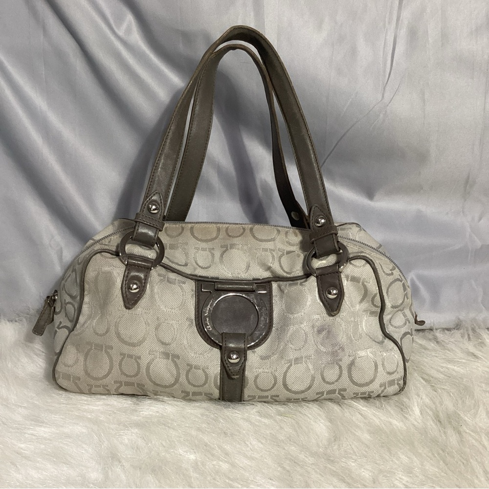 Salvatore Ferragamo AU-21 6841 Gray Signature Logo Canvas with Leather Satchel